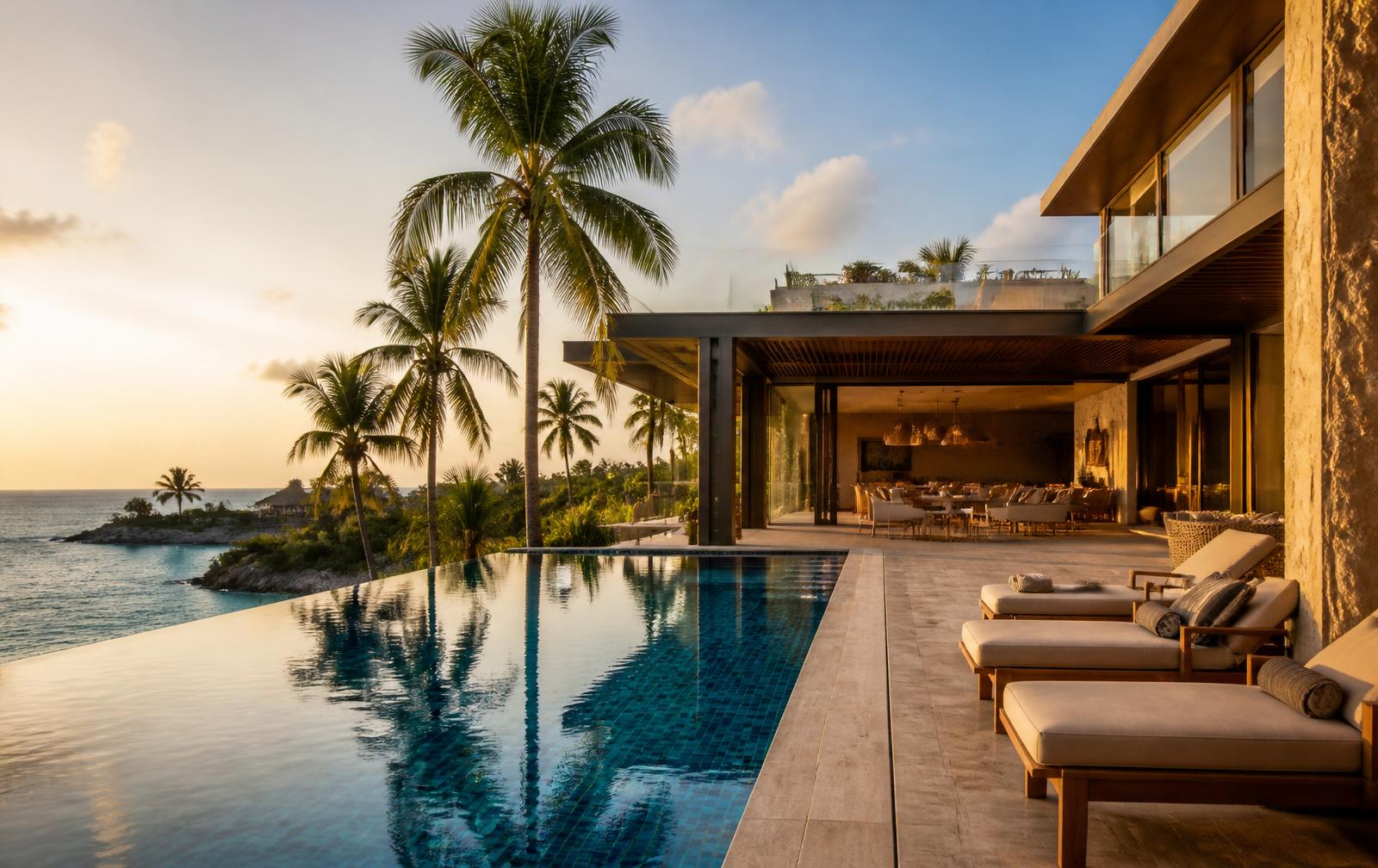 Sofía Residence Club beachfront villa with infinity pool at sunset